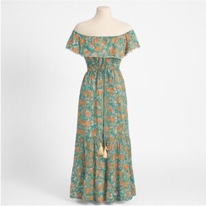 Miss June Boho Maxi Dress Floral Tiered Off Shoulder Teal Green Coral One Size